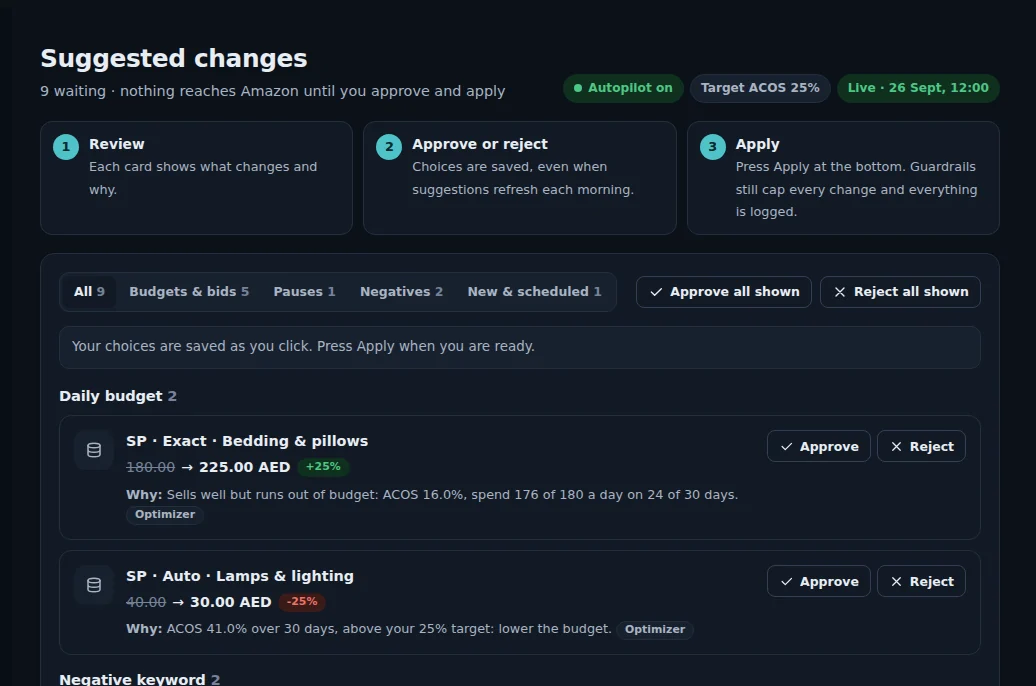 Suggested changes screen of a demo store