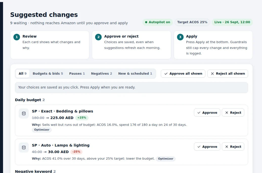 Suggested changes screen of a demo store