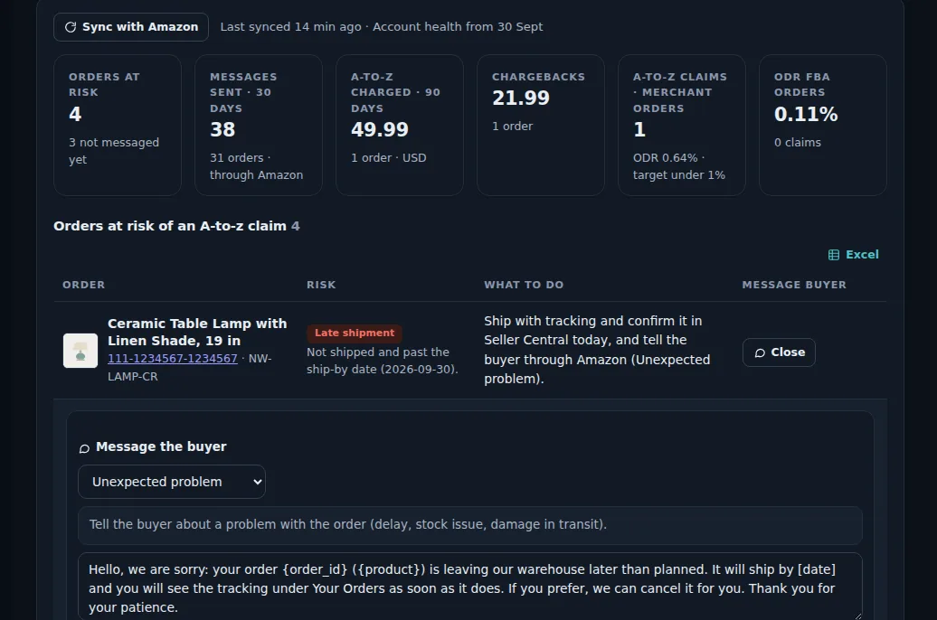 Messages and claims screen of a demo store: 4 orders at risk of an A-to-z claim, claims and chargebacks charged, Order Defect Rate, and a late shipment with the suggested Amazon message