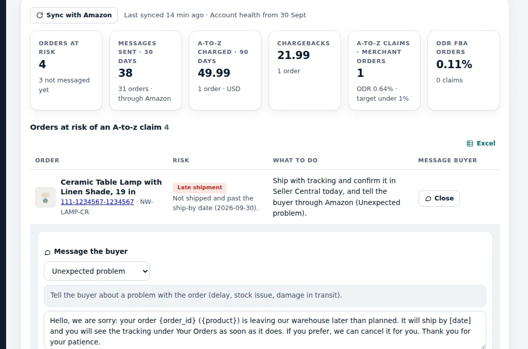 Messages and claims screen of a demo store: 4 orders at risk of an A-to-z claim, claims and chargebacks charged, Order Defect Rate, and a late shipment with the suggested Amazon message